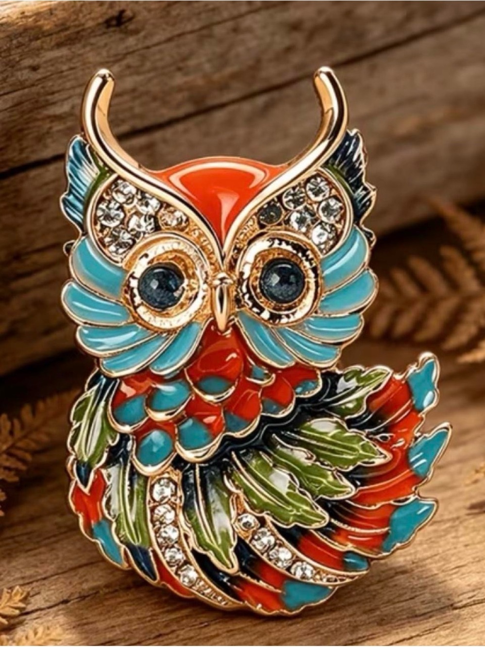 Colorful Owl Brooch Pin - Red, Turquoise & Green Enamel with Crystals